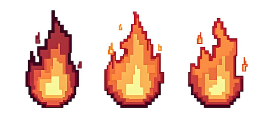 Poster - Pixel art flames in a row, displaying vibrant colors and a stylized design on a black background., cut out,transparent background
