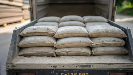 Poster - Cement bags stacked neatly within delivery truck cargo area, showcasing efficient logistics and transportation process for construction material distribution