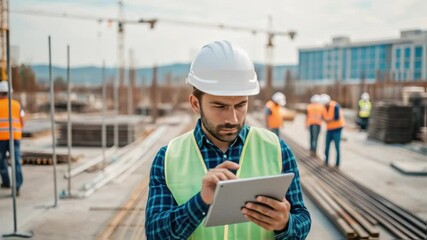 Poster - Construction engineer wearing protective safety gear professionally analyzing digital blueprints and monitoring project progress using tablet while standing on active construction site