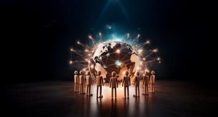 Aufkleber - Figures stand in a circle around a glowing globe with network connections on a dark backdrop.  Suggests global collaboration, communication, and interconnectedness.