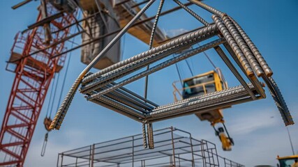 Poster - Steel rebar frame suspended from crane hook, gently swinging against bright blue sky backdrop during active construction site development process