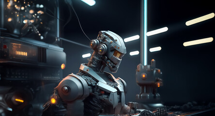 Poster - Silver metallic robot with orange lights is positioned in a dark, futuristic laboratory setting with machinery and bright lights in background.