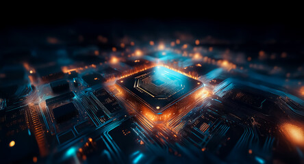 Poster - Illuminated circuit board with vibrant orange and blue lights. Complex network of electronic pathways and components glow in the dark.