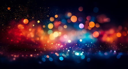 Aufkleber - Abstract bokeh background with vibrant orange, red, and blue lights creating a festive and colorful atmosphere.  It's a blurred, luminous, and eye-catching design.