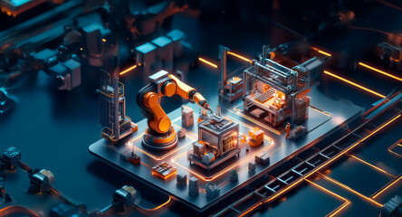 Poster - Futuristic industrial scene with a robotic arm expertly manipulating a cube.  Intricate machines and platforms surround it, glowing with orange and blue accents.