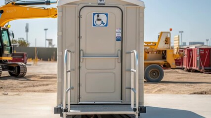 Poster - Multiple views of an accessible portable toilet cabin featuring handrails and a wheelchair symbol, situated on a construction site with heavy machinery and equipment in the background
