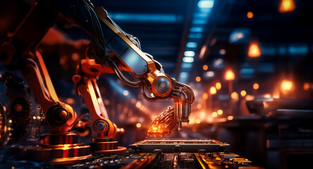 Poster - Automated robotic arms work in a modern factory, precisely handling a glowing component on a circuit board, showcasing industrial technology and manufacturing process.