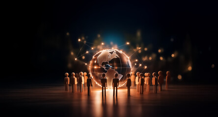 Leinwandbilder - A group of people figures stand around a glowing globe with light lines connecting them, symbolizing global network and community in a dark environment.