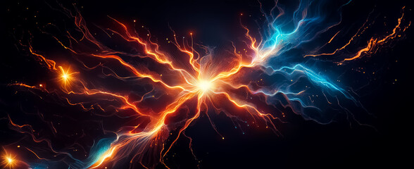 Poster - A dramatic display of energy as vibrant orange and blue lightning bolts clash and collide at the center against a dark backdrop, creating a powerful and dynamic abstract scene.