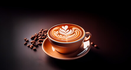 Poster - A cup of coffee with beautiful latte art is presented with coffee beans on a dark surface, creating a warm and inviting ambiance for a delicious beverage.