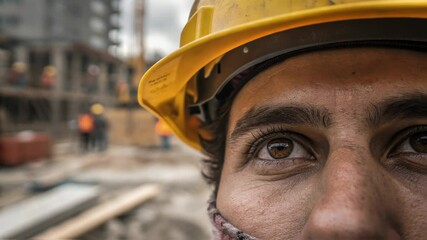 Poster - Close up of a construction worker wearing a yellow hard hat, looking up with a thoughtful expression, possibly contemplating the progress of a project on a bustling building site