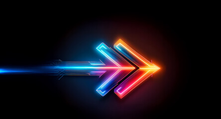 Aufkleber - Neon glowing arrow pointing right with vibrant blue and orange colors on a dark backdrop, suggesting direction, technology, and futuristic style.