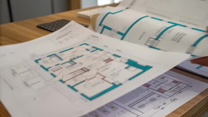 Poster - Architect reviews blueprints spread out on a wooden table, carefully examining the detailed floor plans and technical specifications of a building project