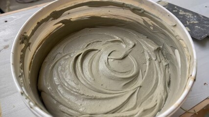 Aufkleber - Plaster mixing involves combining dry plaster powder with water in a bucket, creating a smooth, workable paste for construction and renovation projects