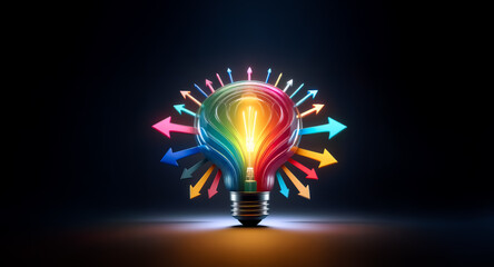 Poster - Vibrant lightbulb radiates colorful arrows in all directions against a dark backdrop, symbolizing bright ideas spreading and branching out from a central source of inspiration.