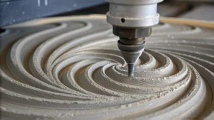 Poster - Precision industrial robotic arm carving intricate spiral pattern on circular material, showcasing advanced automated manufacturing technology and engineering innovation