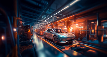 Aufkleber - Sleek silver car moves on a conveyor belt in a modern factory. Automated industrial setting with vibrant orange and blue lights.