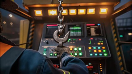 Aufkleber - Skilled crane operator wearing safety gloves navigating complex control panel, maneuvering cargo hook under nighttime industrial lighting in dark workplace environment