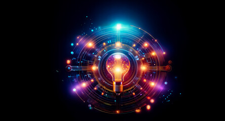Aufkleber - A radiant lightbulb emits energy, surrounded by glowing circles and vibrant particles against a dark backdrop, symbolizing innovation and bright ideas.