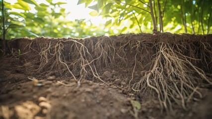 Poster - Healthy cassava roots penetrating fertile soil, drawing nutrients and water, developing robust root system supporting vigorous plant growth within expansive tropical plantation