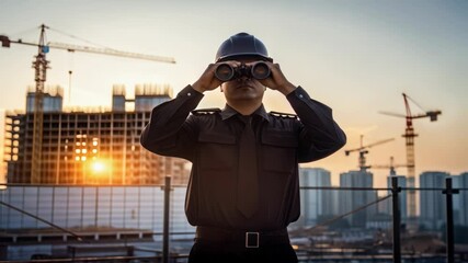 Aufkleber - Construction supervisor wearing uniform and hardhat uses binoculars to inspect building site progress at sunset, ensuring project completion and safety