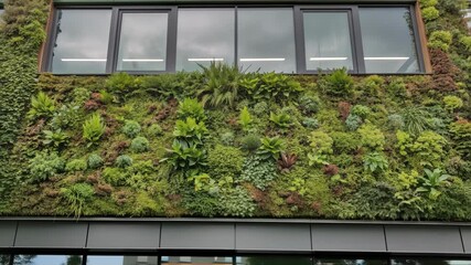 Poster - Vibrant green wall adorns modern office building, showcasing sustainable architecture and biophilic design principles, creating a connection between nature and urban environment