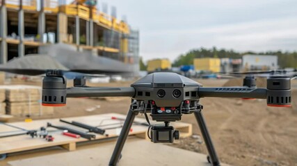 Poster - Modern quadcopter drone standing on a construction site, preparing for takeoff, with its camera pointed downwards, ready to inspect the progress of building work
