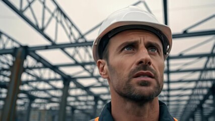 Poster - Professional construction engineer wearing protective safety gear carefully examining metal framework of building project, analyzing structural details with focused concentration