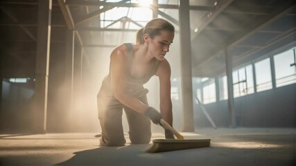 Poster - Construction worker sweeping dust and debris off the floor of a large industrial building, illuminated by natural light streaming through the windows