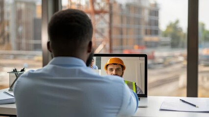 Poster - Professional office manager participating in video conference with construction engineer, discussing project details on remote building site using laptop for effective communication