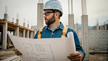Aufkleber - Professional construction engineer in safety gear reviewing architectural blueprints while standing at bustling construction site, analyzing project structural details