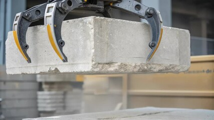 Aufkleber - Mechanical gripper of industrial robotic arm lifting heavy concrete block, demonstrating advanced automation and technological innovation within modern construction site environment