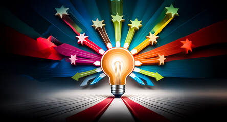 Poster - Illuminated light bulb radiates vibrant beams on a striped backdrop, symbolizing bright ideas and innovation. A dynamic burst of color and light creates a visually striking and conceptual image.