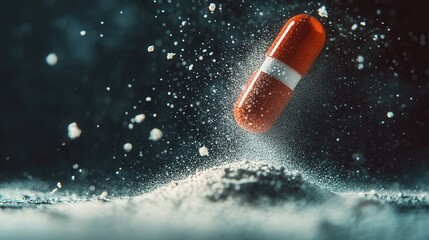 Poster - Detailed macro of a half opened capsule with fine powder spilling out, showcasing a pharmaceutical theme in a cinematic style