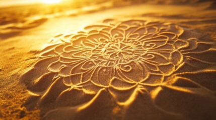 Leinwandbilder - Creative sand drawings in warm golden light showcase intricate symbols on the beach at sunset