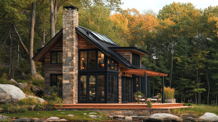 Poster - Modern stone house surrounded by trees and water, showcasing contemporary architecture and natural beauty