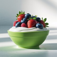 Poster - fresh fruit bowl with yogurt and vibrant berries sits on kitchen counter in morning light