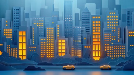 Fototapete - Layered paper art showcases a vibrant modern city skyline with glowing windows and car traffic in a minimalist urban landscape