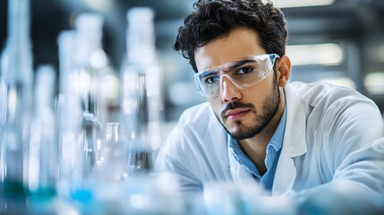 Wall Mural - scientist in lab coat and safety glasses works with glass beakers and test tubes in a research labor
