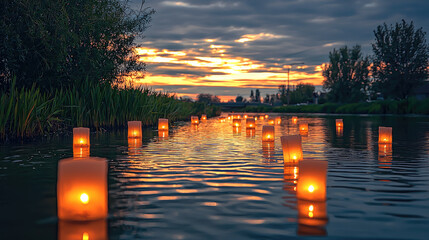 Poster - serene river scene illuminated by floating candles at sunset, creating tranquil atmosphere