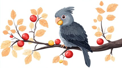 Wall Mural - lifestyle wildlife image of grey parrot on a tree branch eating fruit in the jungle representing exo