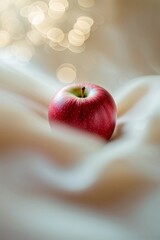 Poster - fresh red apple resting on soft fabric with blurred lights in the background during a cozy indoor se