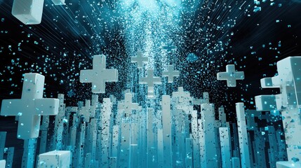 Poster - Digital blue texture with a minimalist arrangement of small squares and crosses.