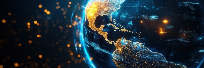 Poster - Futuristic 3D globe showcasing glowing highlights representing global diplomacy with elegant design elements Generative AI