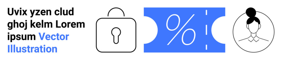 Lock icon, percentage tag, user profile outline symbolizing data protection, savings, user identity. Ideal for online privacy, e-commerce, user authentication, finance cybersecurity marketing