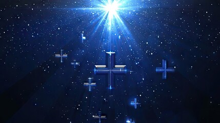 Poster - Futuristic blue backdrop featuring tiny squares and crosses floating in a geometric design.