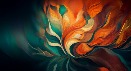Aufkleber - Abstract background featuring flowing, vibrant shapes in orange, teal, and brown hues.  Dynamic, stylized design evokes floral or flame-like elements.