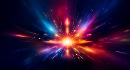 Aufkleber - Vibrant abstract background featuring a central burst of radiant light emanating outwards with dynamic beams of blue, red, and orange against a dark backdrop.