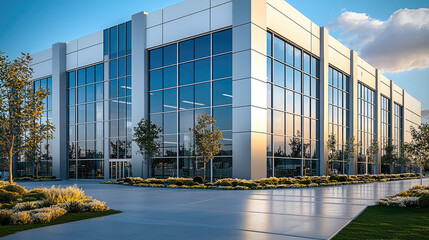 Aufkleber - Modern factory building with large glass windows and landscaped surroundings, showcasing sleek design and inviting atmosphere