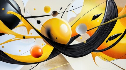 Poster - Modern abstract background with black and yellow splashes, featuring expressive brushwork.
